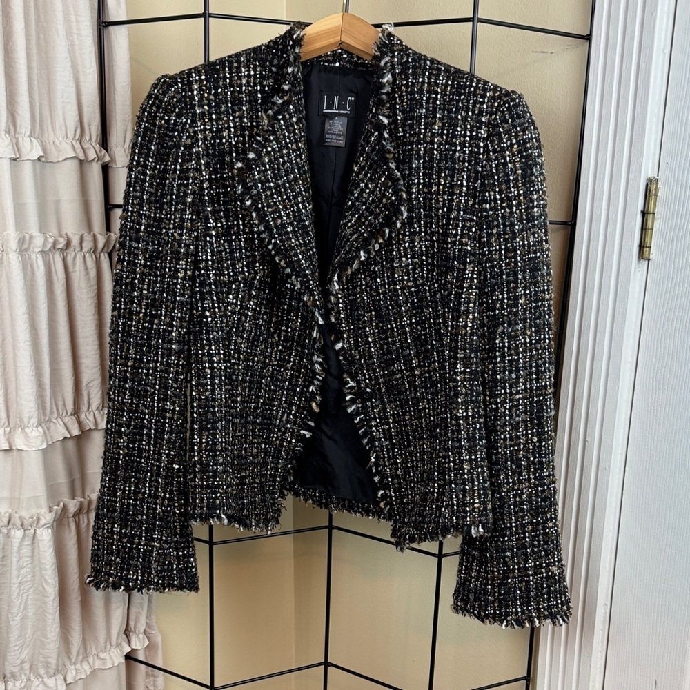 INC Tweed Cropped Jacket Blazer Fringe Hem Lined Single Snap Size Closure Size 8